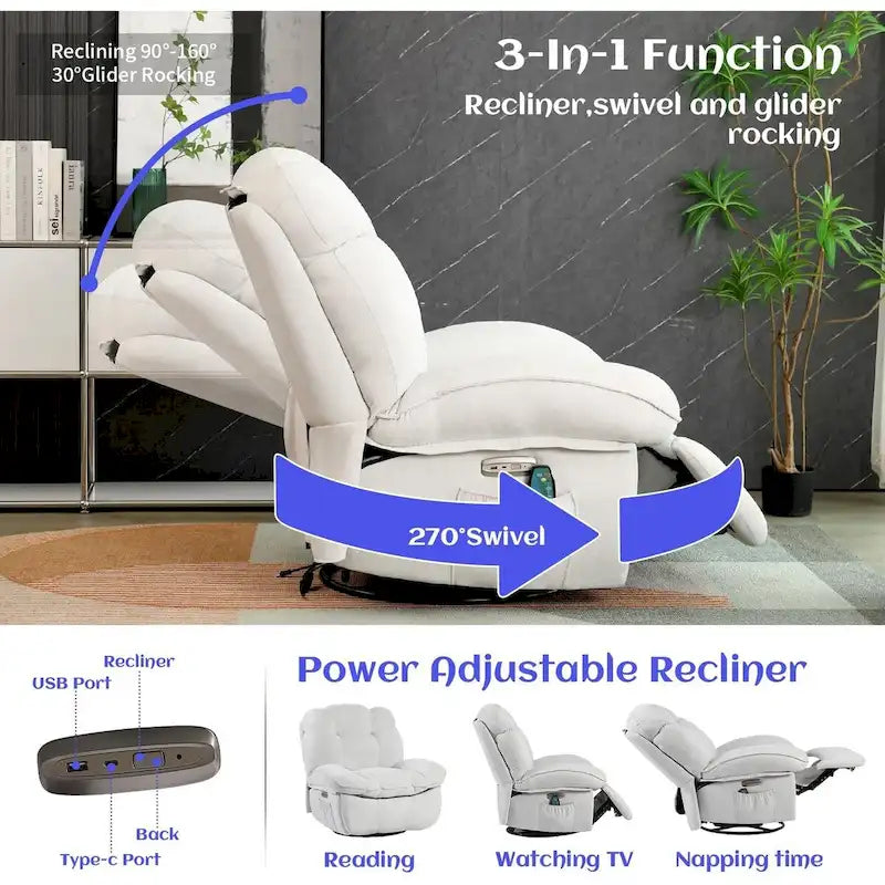 Fauteuil inclinable électrique rotatif, fauteuil à bascule massant avec fonction chauffante