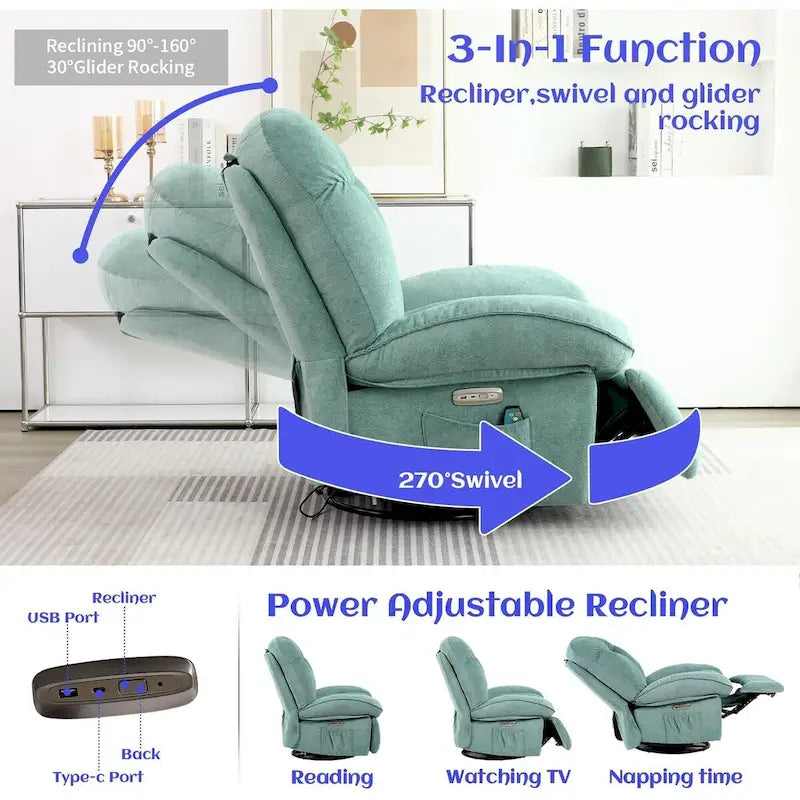 Fauteuil inclinable électrique rotatif, fauteuil à bascule massant avec fonction chauffante