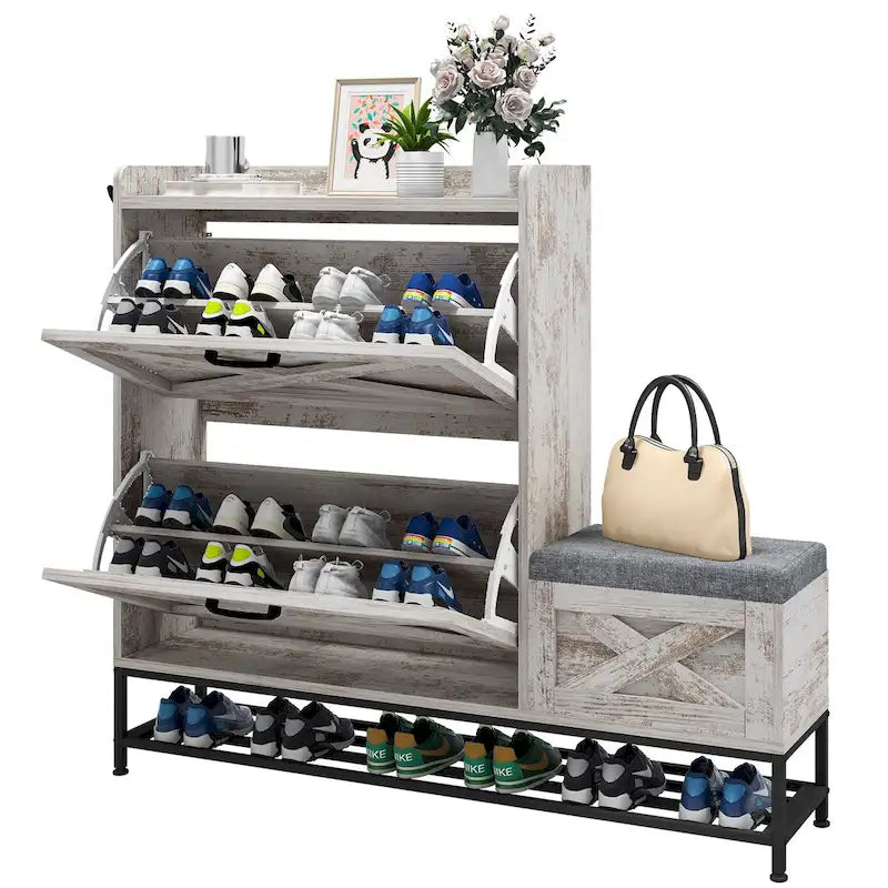 Un meuble à chaussures de style campagnard avec un banc à chaussures