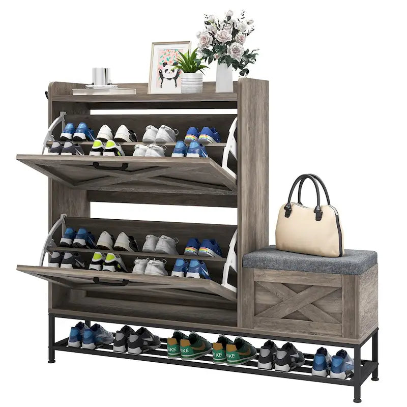 Un meuble à chaussures de style campagnard avec un banc à chaussures